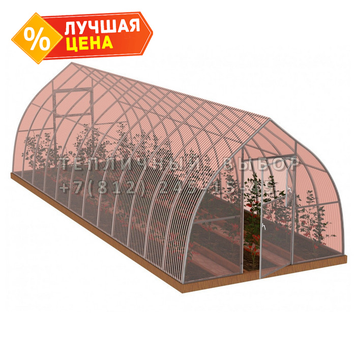 Теплица из поликарбоната-фито Усиленная Капелька 2,5х12 h=2.3 м профиль 25х25 мм